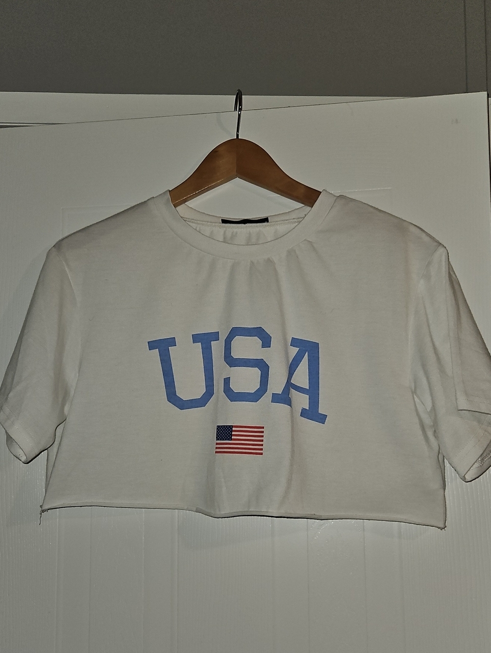 SHEIN White Cropped Tee with Blue USA Print